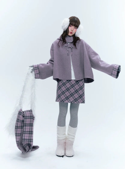 CREAMO2奶油氧气 - Soft Mauve Reversible Plaid Wool Cape Coat Set