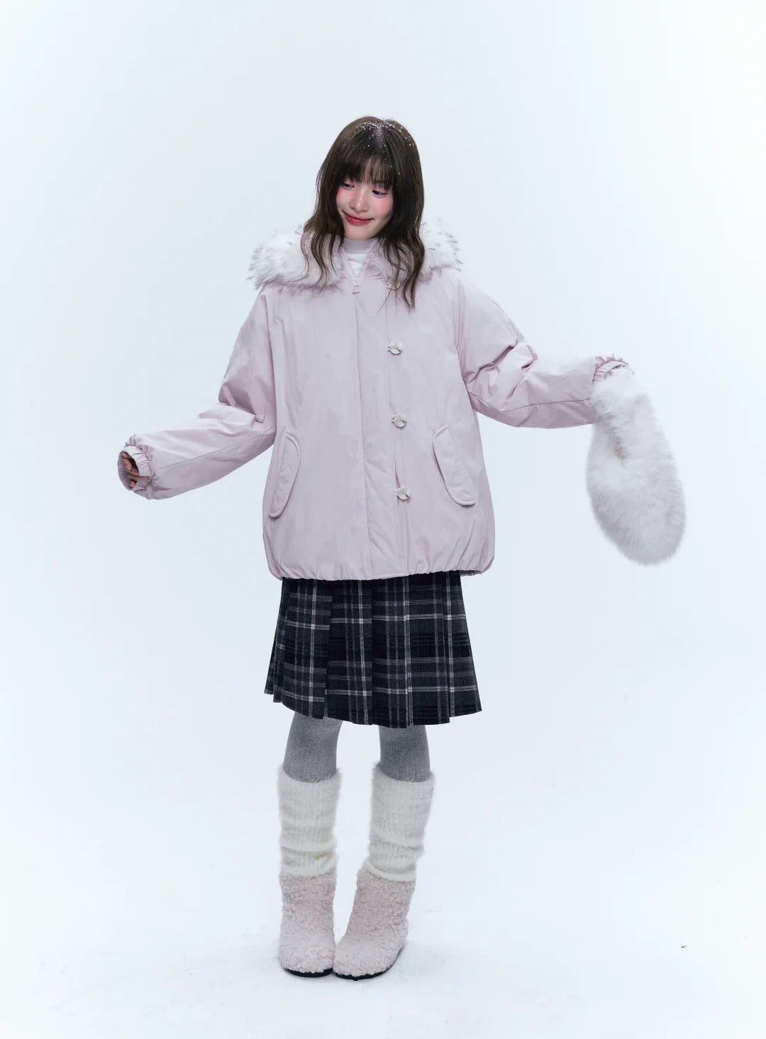 CREAMO2奶油氧气 - Soft Pink-Purple Detachable Fur Hooded Down Jacket