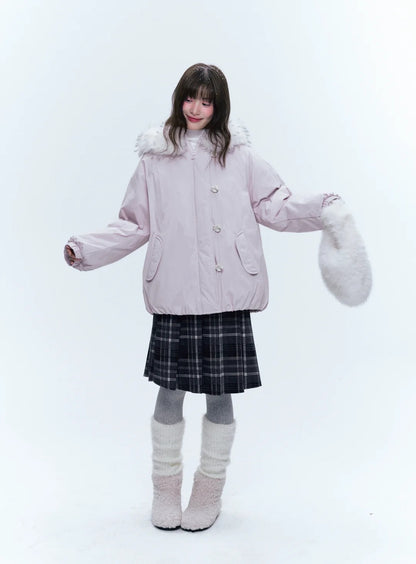 CREAMO2奶油氧气 - Soft Pink-Purple Detachable Fur Hooded Down Jacket