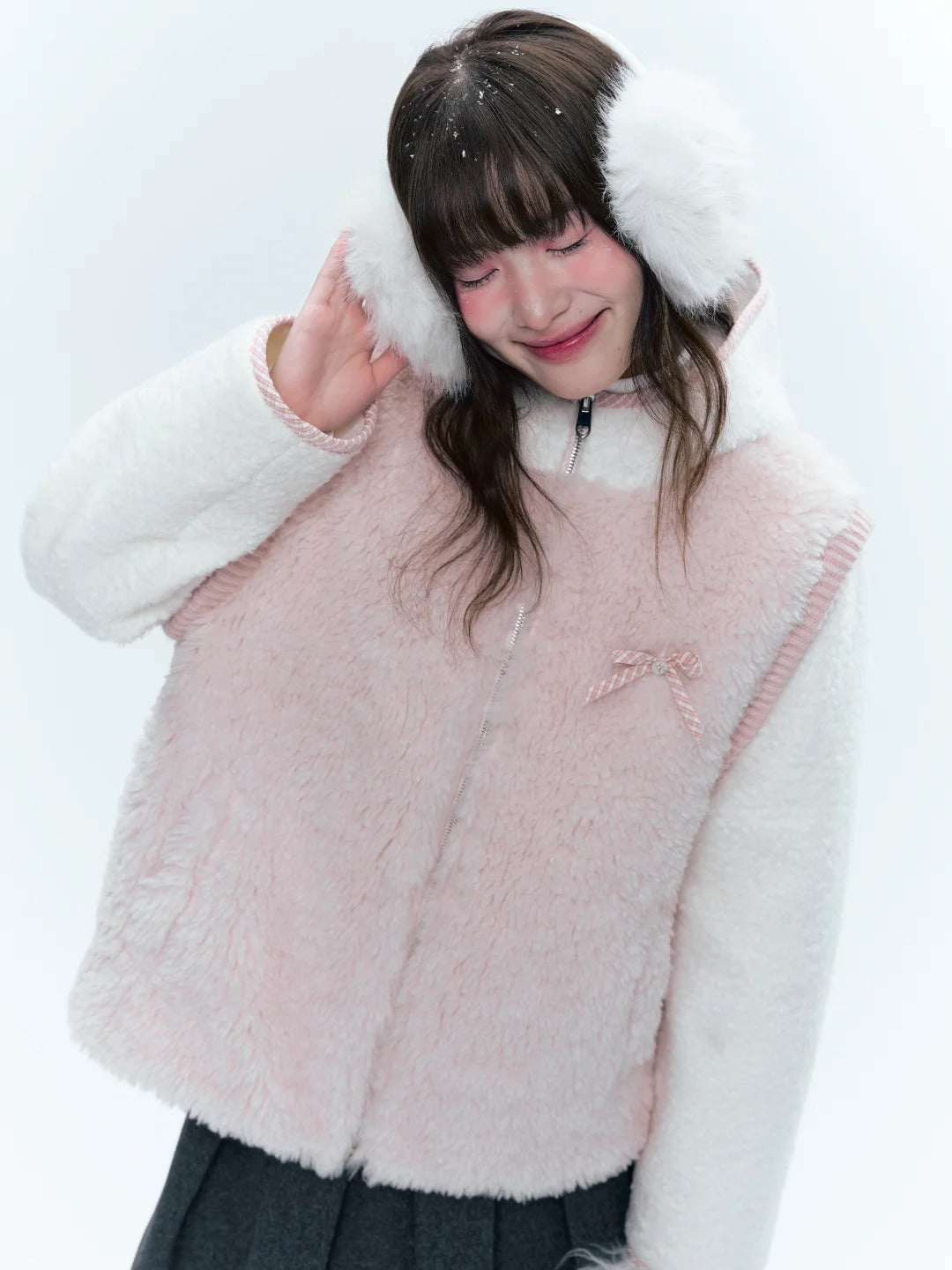 CREAMO2奶油氧气 - Pink & White Faux-Layered Teddy Padded Jacket