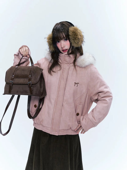 CREAMO2奶油氧气 - Misty Pink Sweet-Cool Detachable Fur-Trim Hooded Puffer Jacket