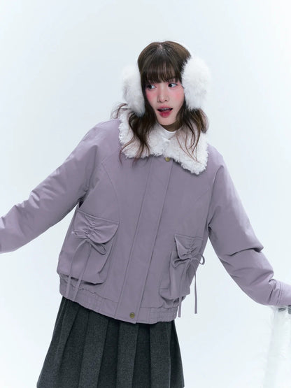 CREAMO2奶油氧气 - Taro Gray-Purple Detachable Shearling-Collar Retro Padded Jacket