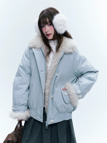 CREAMO2奶油氧气 - Mist Blue Contrast-Collar Short Down Jacket