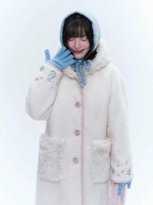 CREAMO2奶油氧气 - Soft Ivory Embroidered Teddy Wool-Style Midi Coat