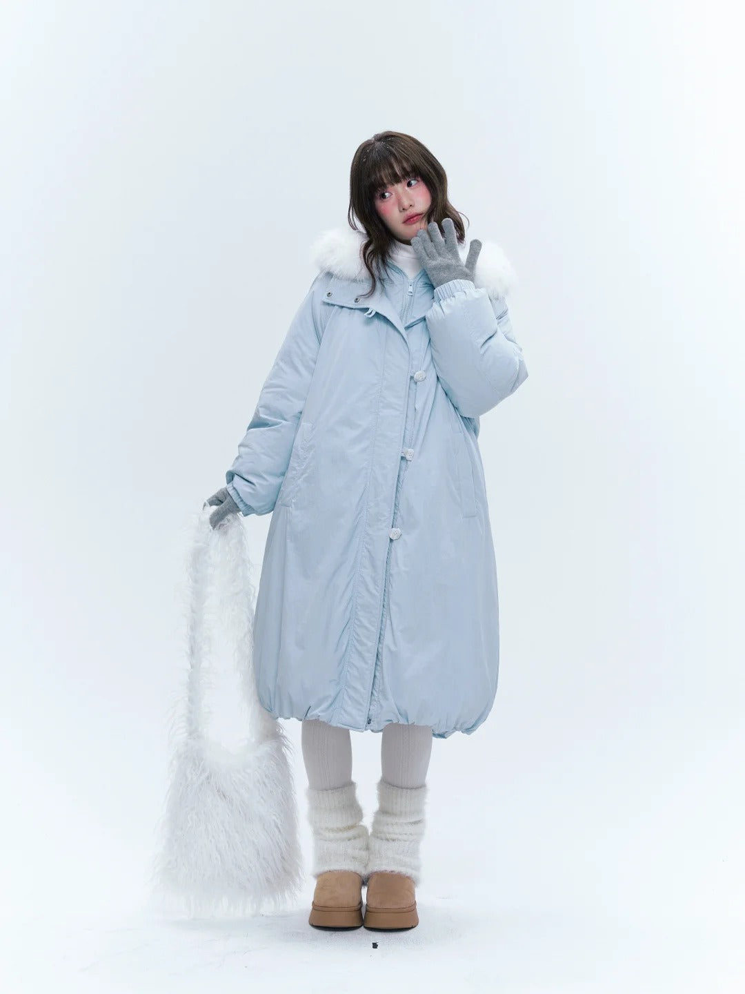 CREAMO2奶油氧气 - Milk Mist Blue Faux-Layered Mid-Length Down Puffer Coat