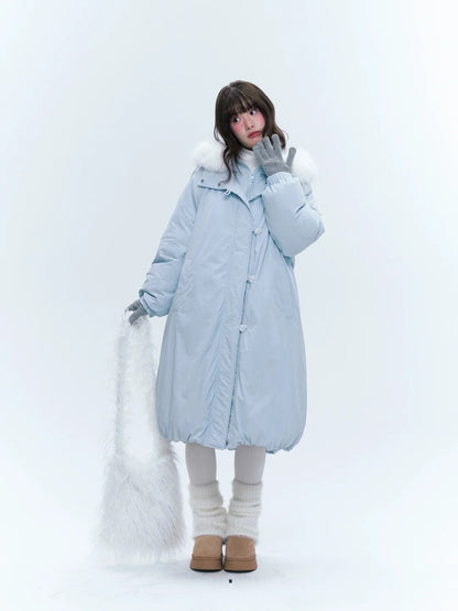 CREAMO2奶油氧气 - Milk Mist Blue Faux-Layered Mid-Length Down Puffer Coat