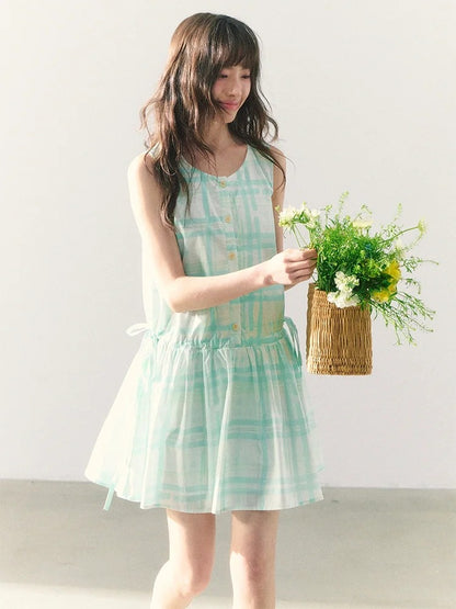 罐头粪便 - Preppy Style Plaid Sleeveless A-Line Midi Dress