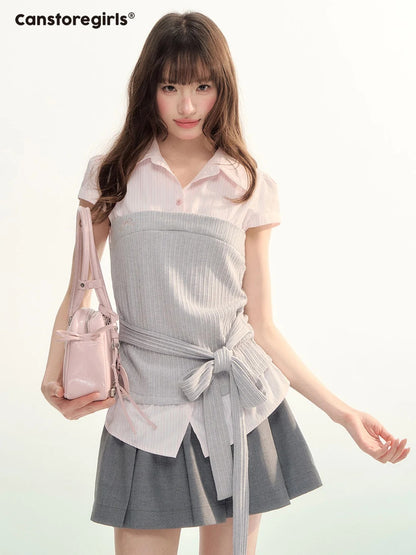 Pastel Plaid Knit Shirt & A-Line Puffy Skirt Set LL2026112