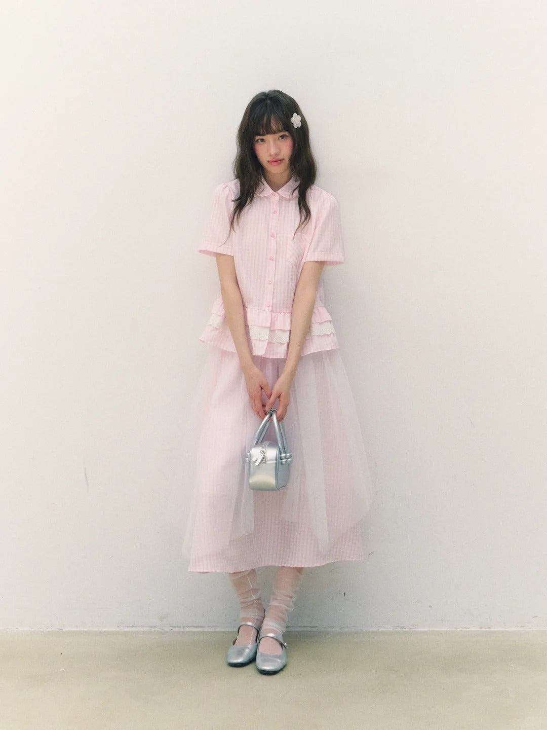 罐头士多所 - 樱绯雨 Pink Gingham Lace Shirt & Tulle-Accented Skirt Set