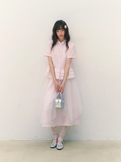 罐头士多所 - 樱绯雨 Pink Gingham Lace Shirt & Tulle-Accented Skirt Set