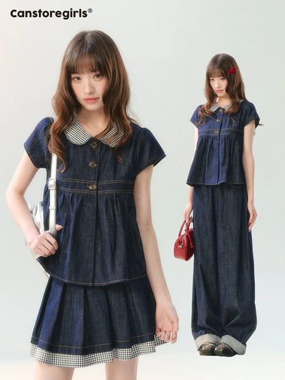 "Denim Check Prelude" Indigo Denim Three-Piece Set