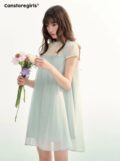 Sheer Lace Trim Puff Sleeve Babydoll Dress LL2026103