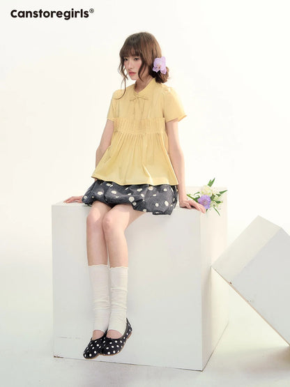 Butter Yellow Pleated Puff Sleeve Blouse WW2026069