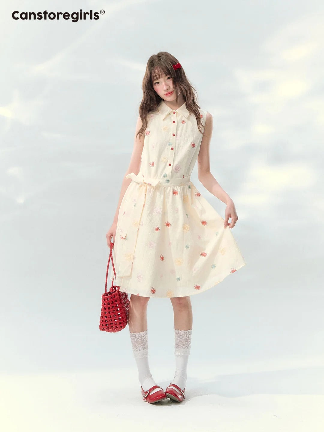 “Twin Bloom Letters” Cream Rose Embroidered Shirt Dress LL2026139