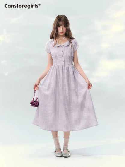 “Lavender Tea Mist” Lilac Stripe Puff Sleeve Dress LL2026137