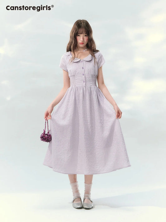 “Lavender Tea Mist” Lilac Stripe Puff Sleeve Dress LL2026137