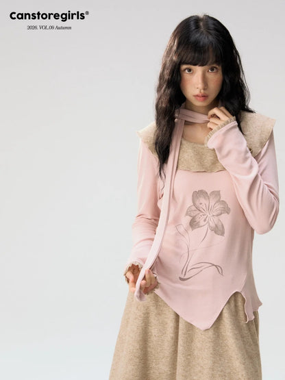 [CAN] "Dusky Floral Whispers" Blush & Chestnut Brown Set (Long Sleeve Top / Tassel Mini Skirt)