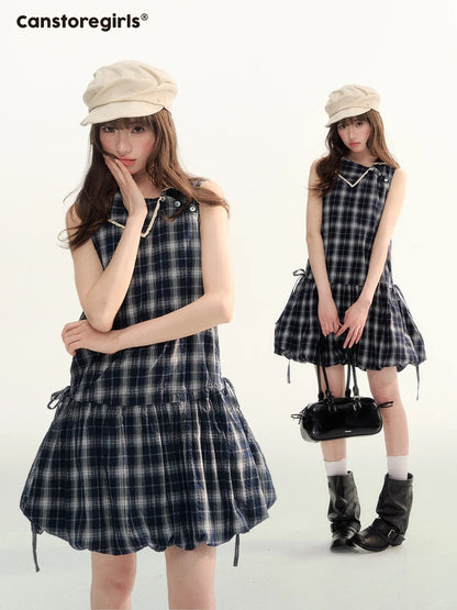 Blue Plaid Bubble Hem Dress  LL2026089