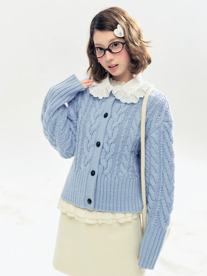 Horridale - "Cotton Mousse" Cable Knit Cardigan with Detachable Ruffle Collar (Cotton Blue/ Soft White)