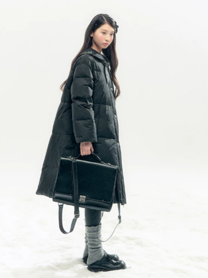 "Starry Night Little Witch" Black Long Down Coat with Detachable Bunny Bow Collar