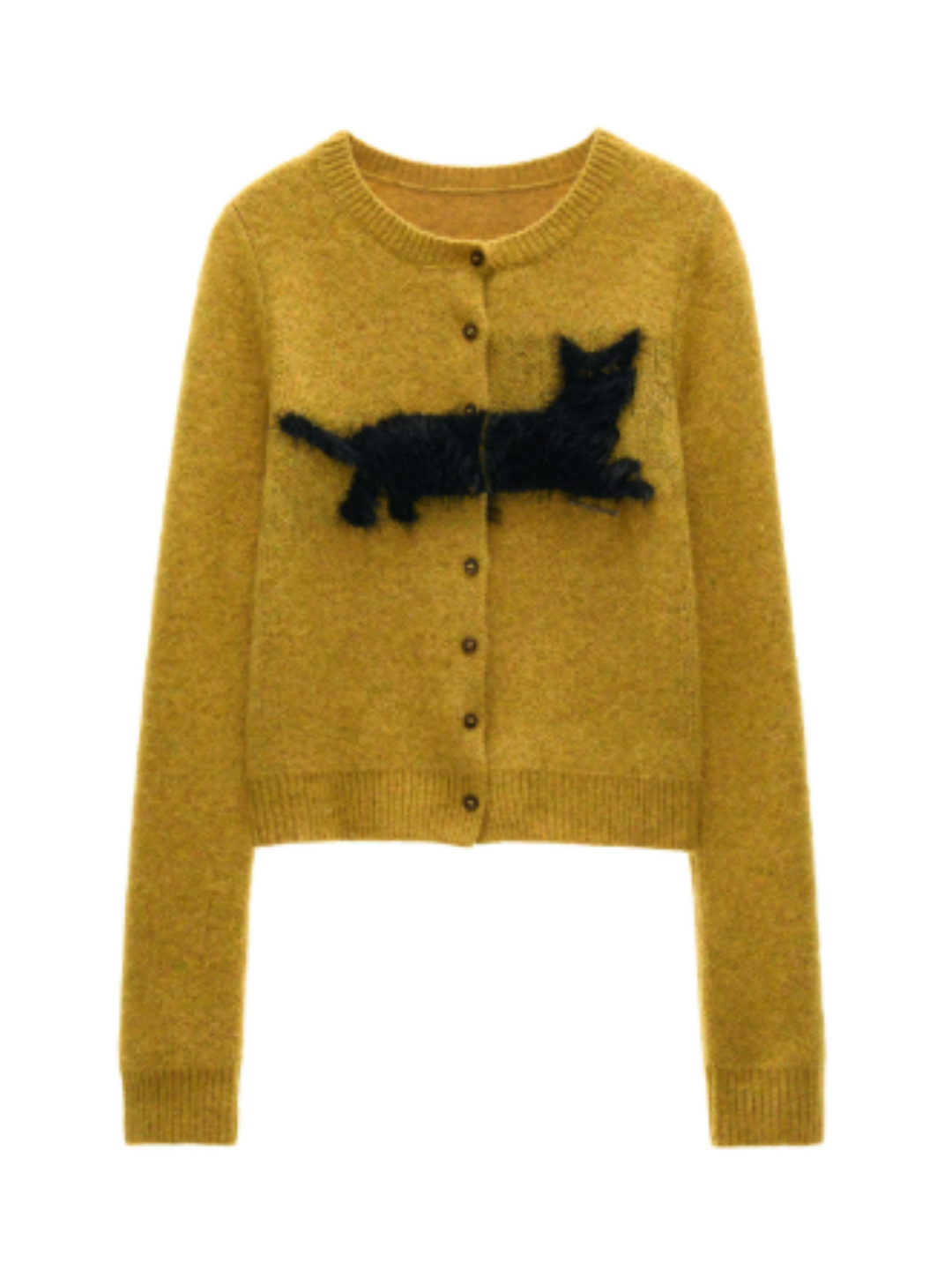 MAMC - Yellow Fluffy Black Cat Jacquard Cropped Knit Cardigan