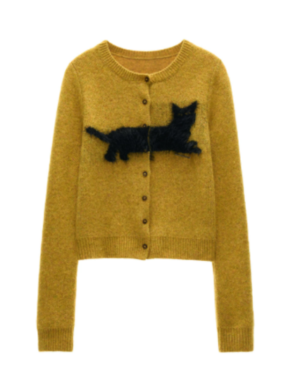 MAMC - Yellow Fluffy Black Cat Jacquard Cropped Knit Cardigan