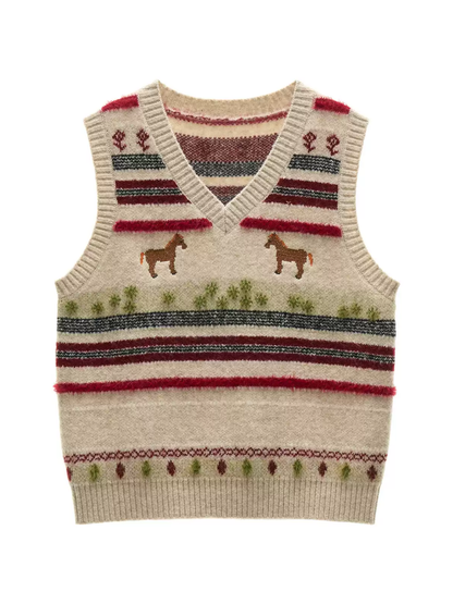 MAMC - Ivory Fair Isle Pony Jacquard Knit Vest