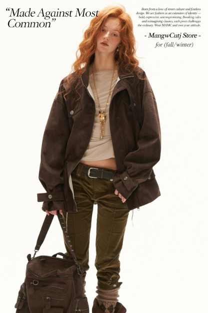 MAMC - Brown Faux Suede Utility Jacket with Adjustable Drawstring Waist