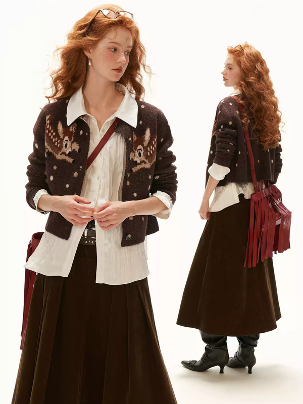MAMC - Brown Deer Jacquard Cropped Knit Cardigan