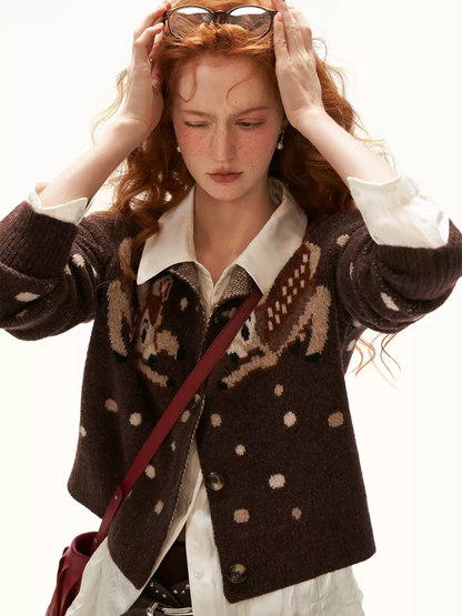 MAMC - Brown Deer Jacquard Cropped Knit Cardigan
