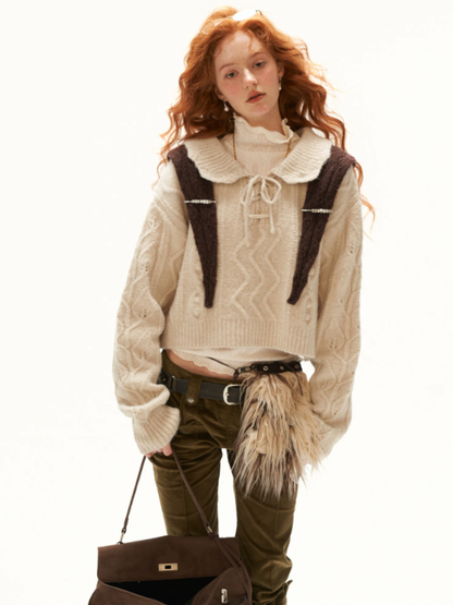 MAMC - Ivory Cable Knit Sweater with Detachable Hooded Shoulder Cape
