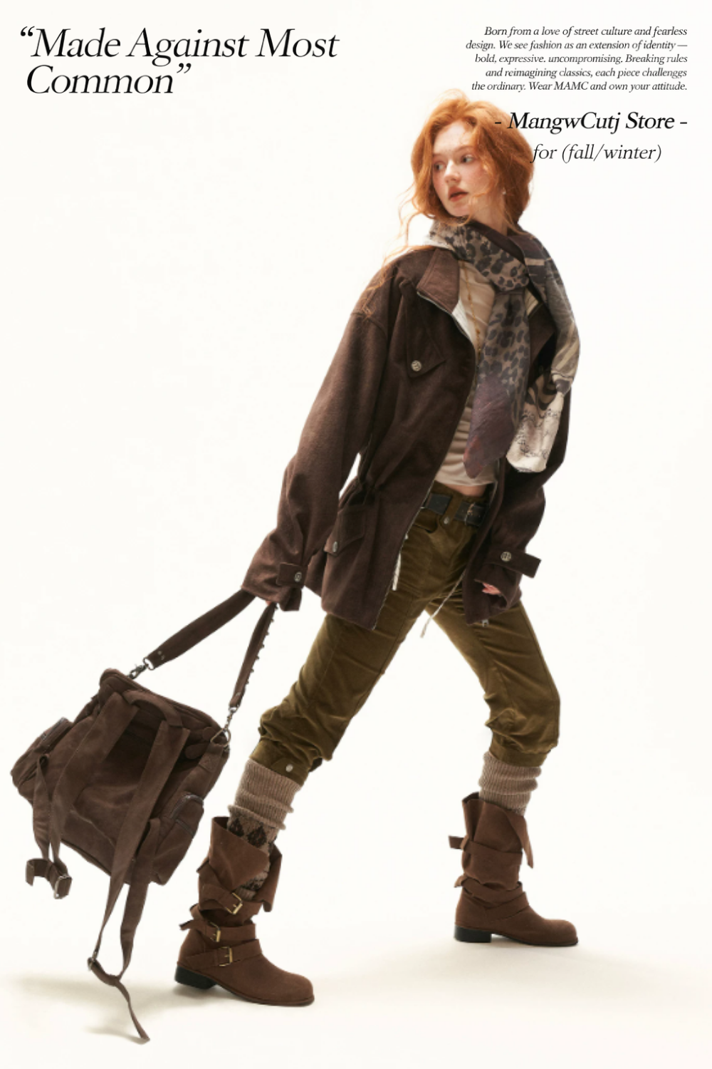 MAMC - Brown Faux Suede Utility Jacket with Adjustable Drawstring Waist