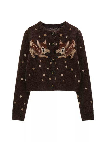 MAMC - Brown Deer Jacquard Cropped Knit Cardigan