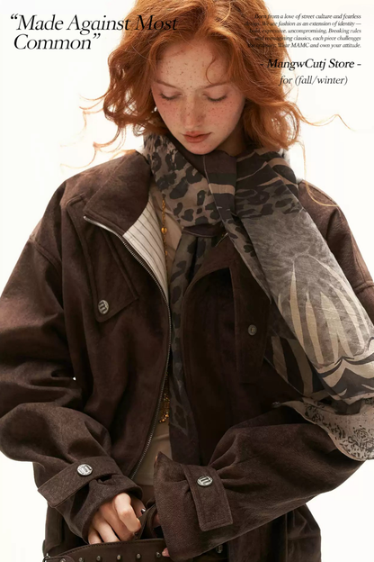 MAMC - Brown Faux Suede Utility Jacket with Adjustable Drawstring Waist