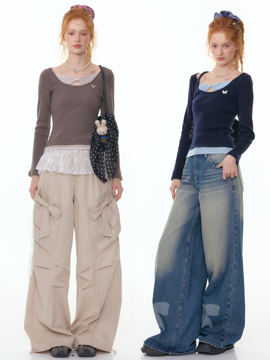 ZiziFei - Double Layered Bow-Knot Contrast Knit Top