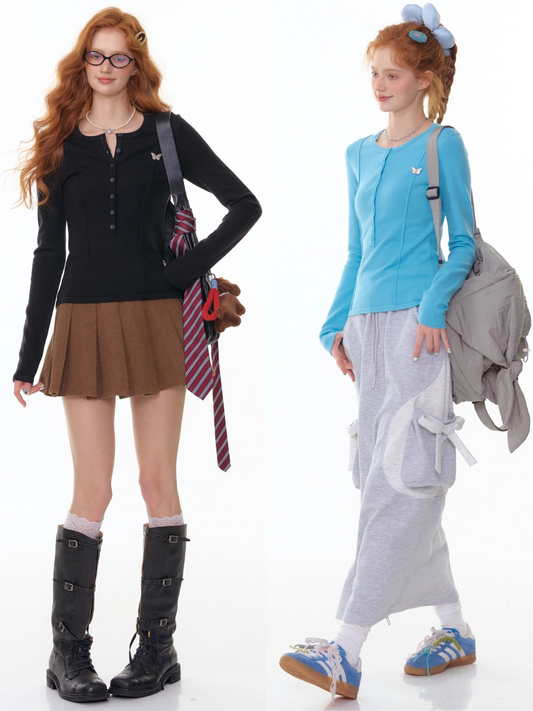 ZiziFei - 3D Ruched Knit Slim-Fit Long Sleeve Top – Butterfly Detail