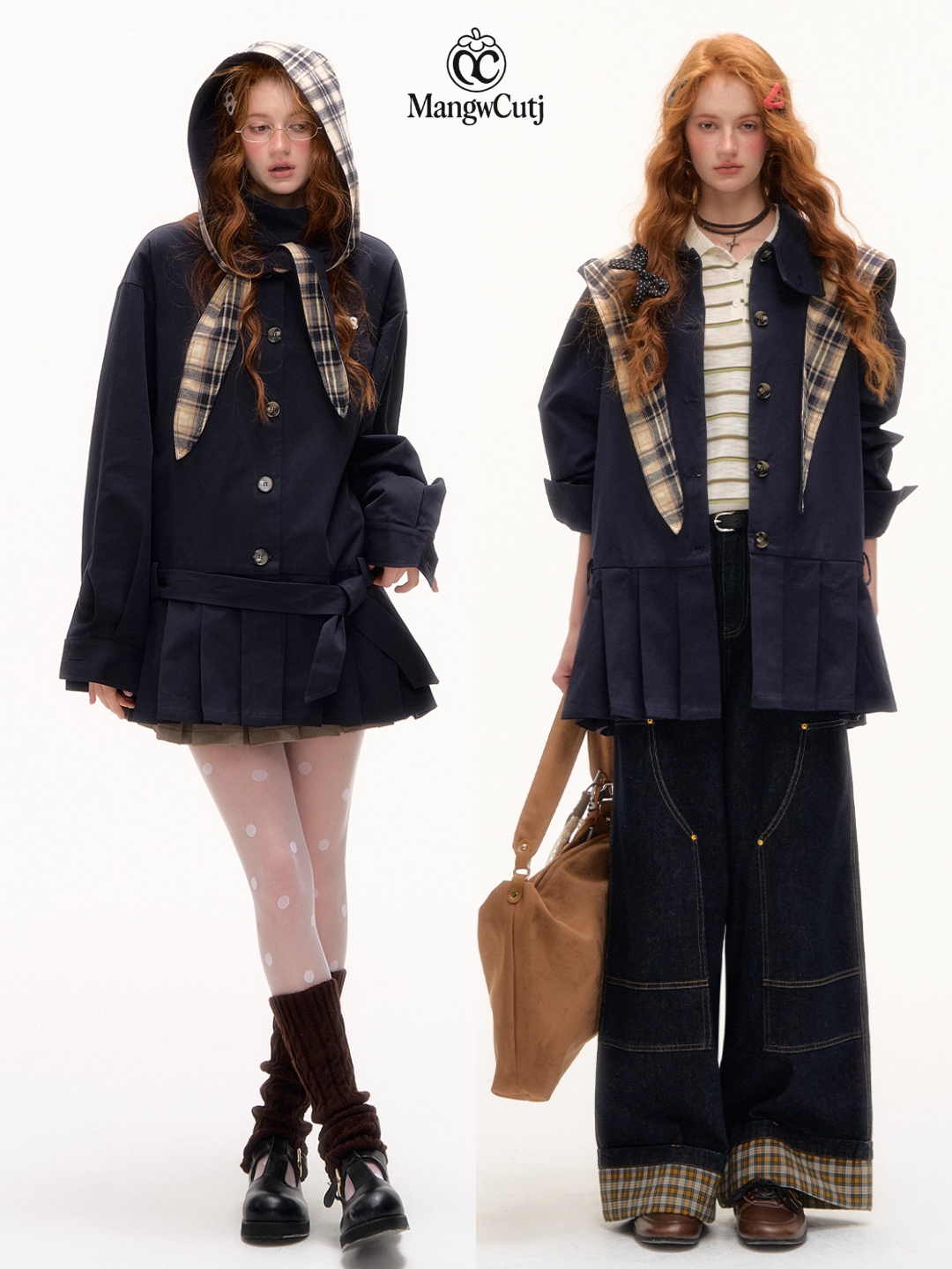 ASGONY - Preppy Bunny Collar Jacket with Removable Plaid Ears (Navy Blue)