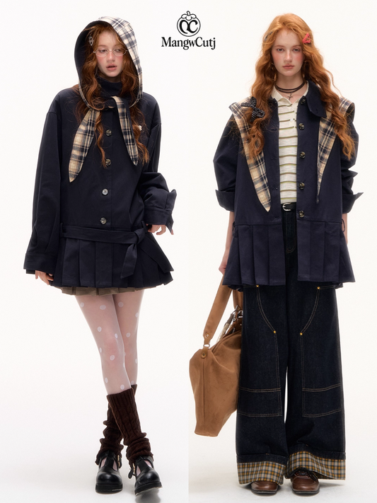 ASGONY - Preppy Bunny Collar Jacket with Removable Plaid Ears (Navy Blue)