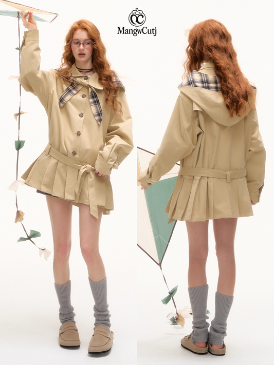 ASGONY - Preppy Bunny Collar Jacket with Removable Plaid Ears (Khaki Brown)