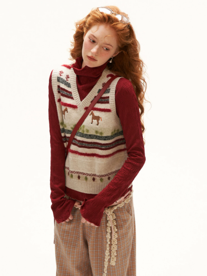 MAMC - Ivory Fair Isle Pony Jacquard Knit Vest