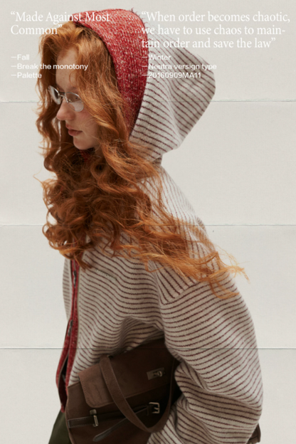 MAMC - Ivory Faux-Layered Striped Hooded Knit Sweatshirt