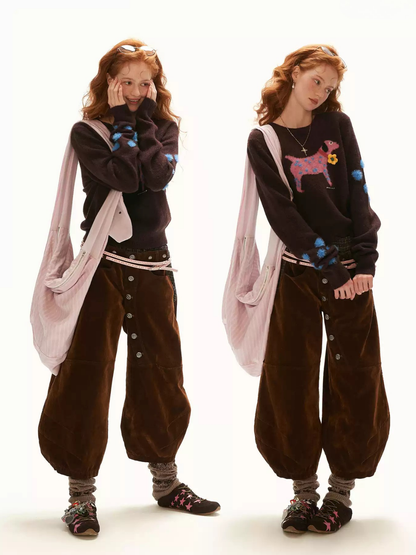 MAMC - Brown Puppy Jacquard Cropped Knit Sweater