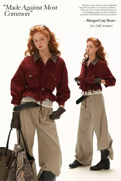 MAMC - Red Textured Snowflake-Fleece Utility Jacket with Faux Leather Collar