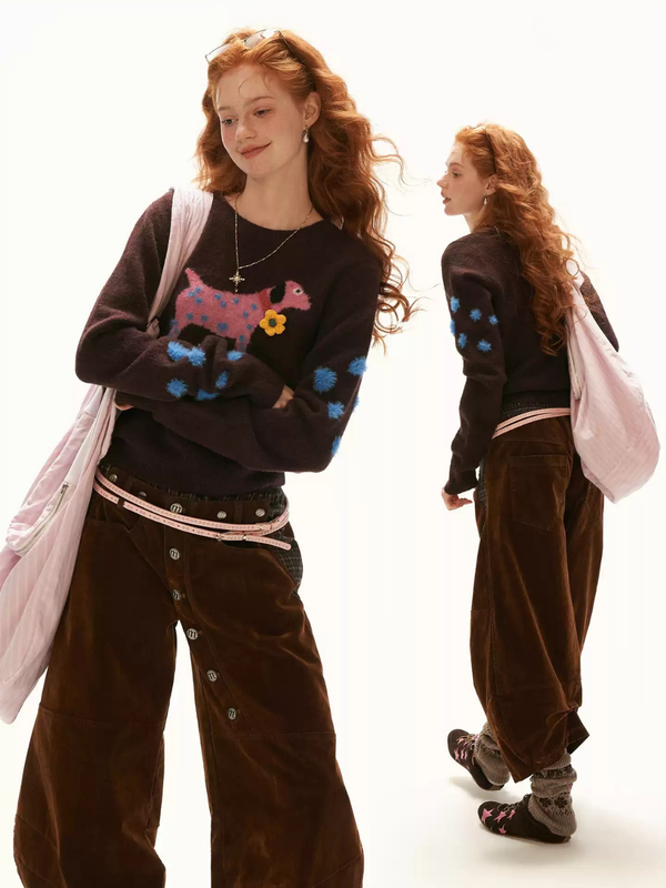 MAMC - Brown Puppy Jacquard Cropped Knit Sweater