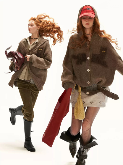MAMC - Vintage Brown Cat Silhouette Hooded Knit Cardigan