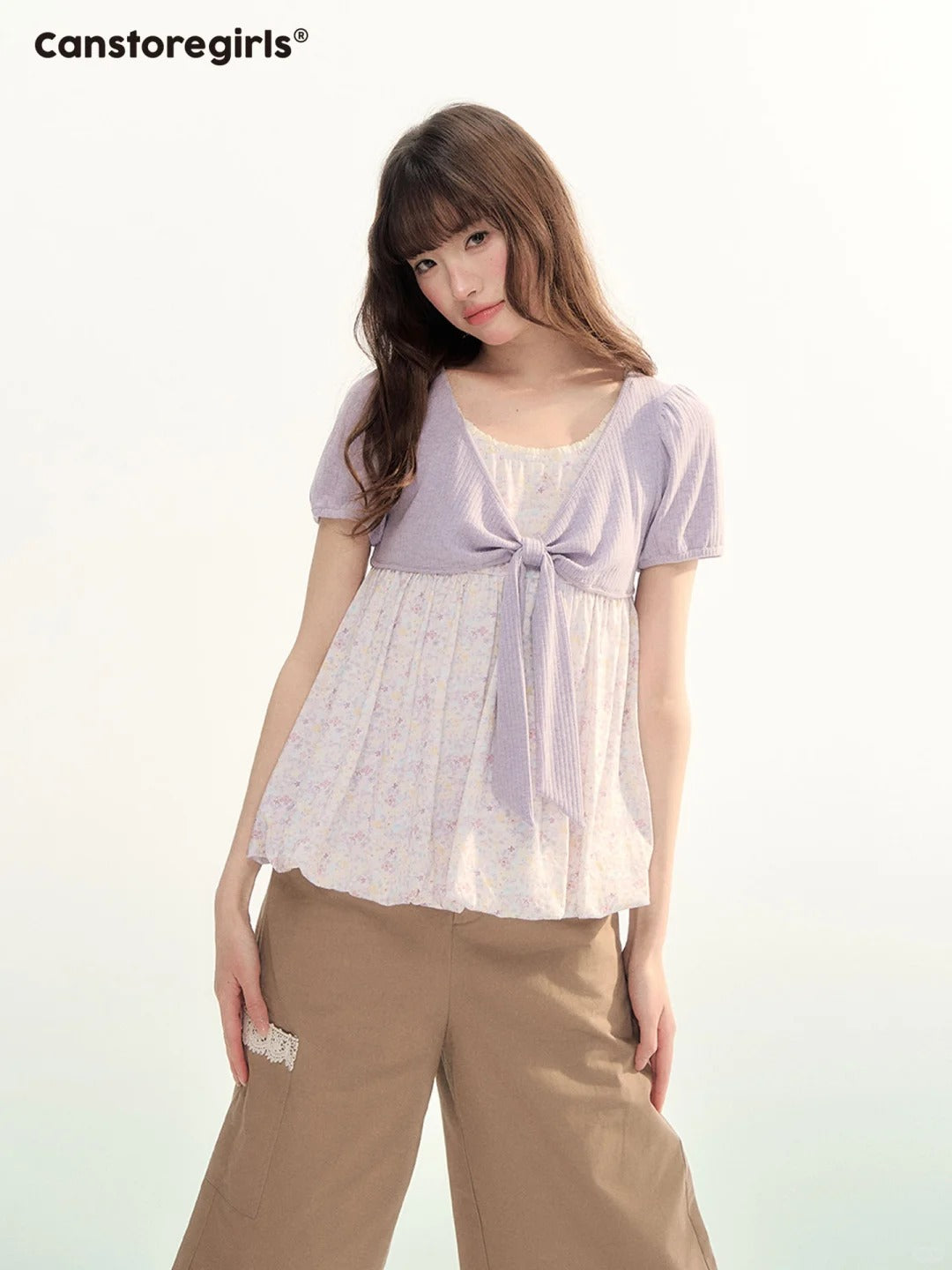 Floral Bow Puff Sleeve Bubble Top LL2026073