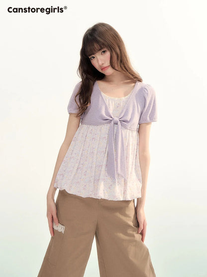Floral Bow Puff Sleeve Bubble Top LL2026073