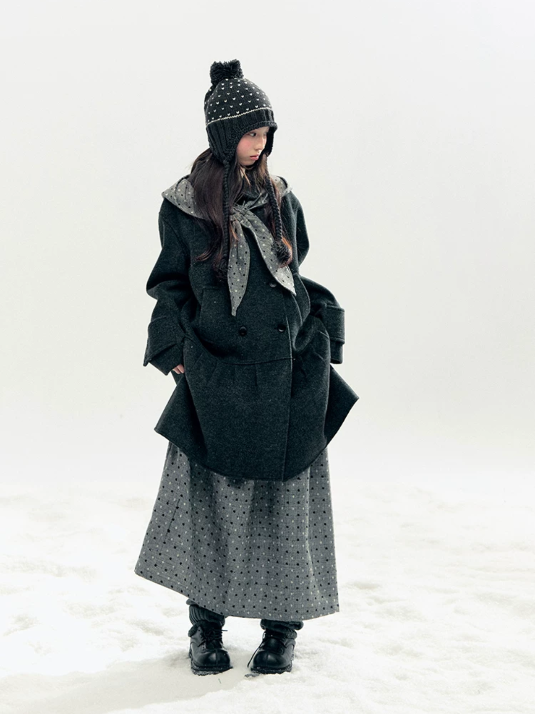 Horridale - "Snowfall Polka" Charcoal Polka Dot Wool-Blend Midi Skirt