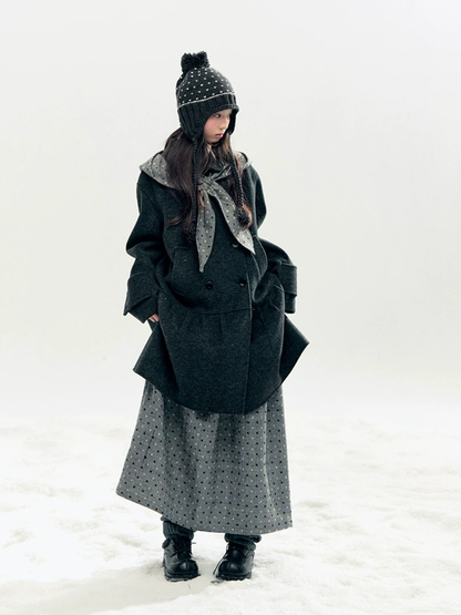 Horridale - "Snowfall Polka" Charcoal Polka Dot Wool-Blend Midi Skirt
