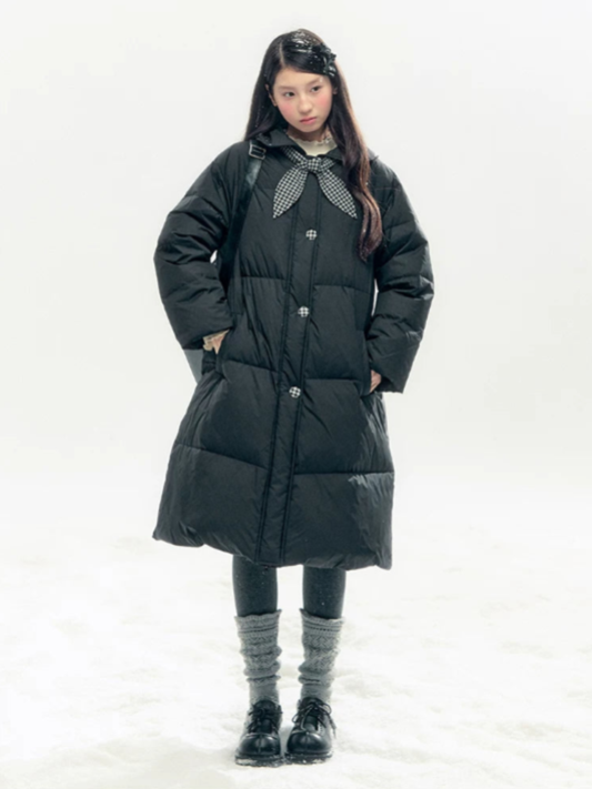 "Starry Night Little Witch" Black Long Down Coat with Detachable Bunny Bow Collar